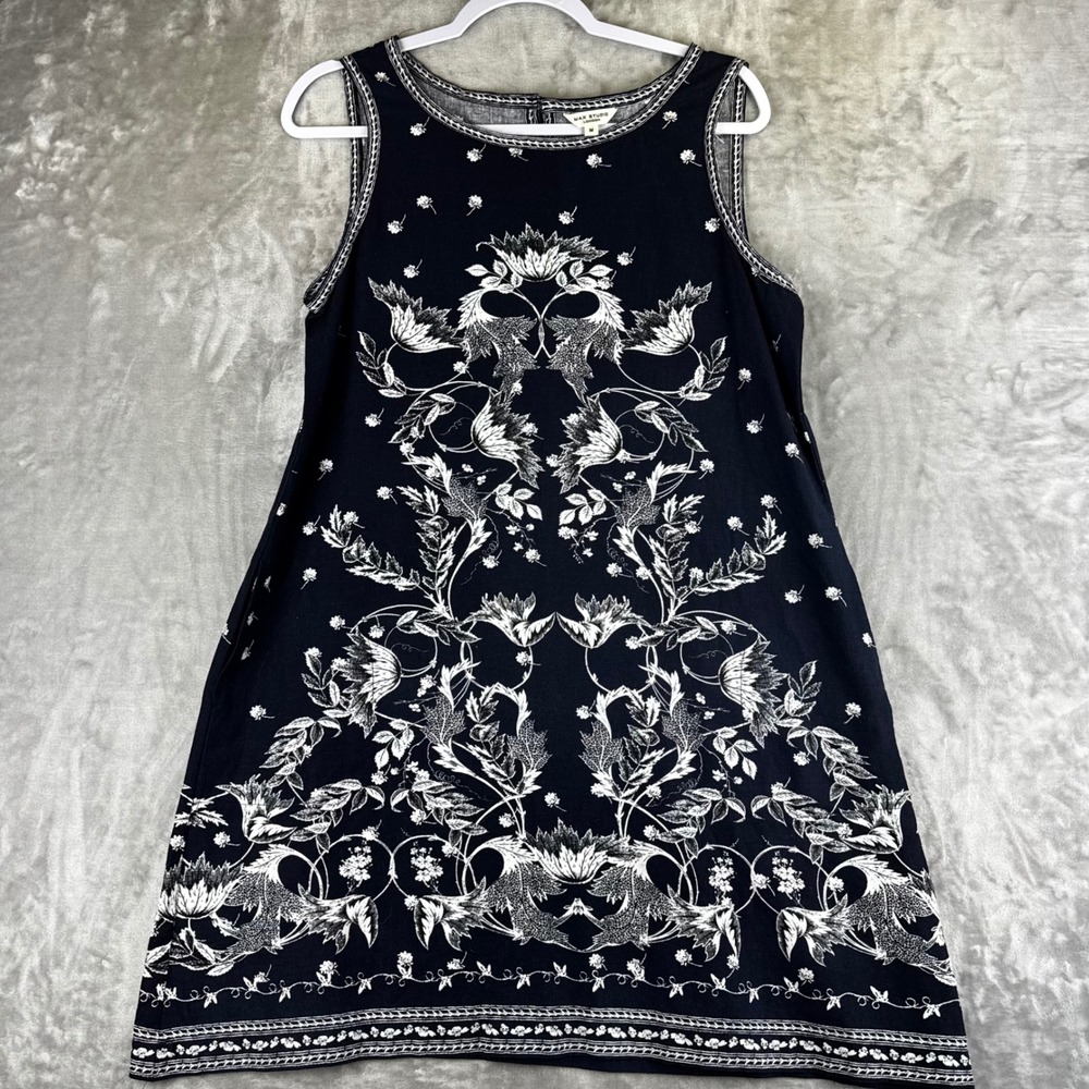 Max Studio London Shift Dress Womens Size M Navy Blue Linen Blend Floral‎ (1482)